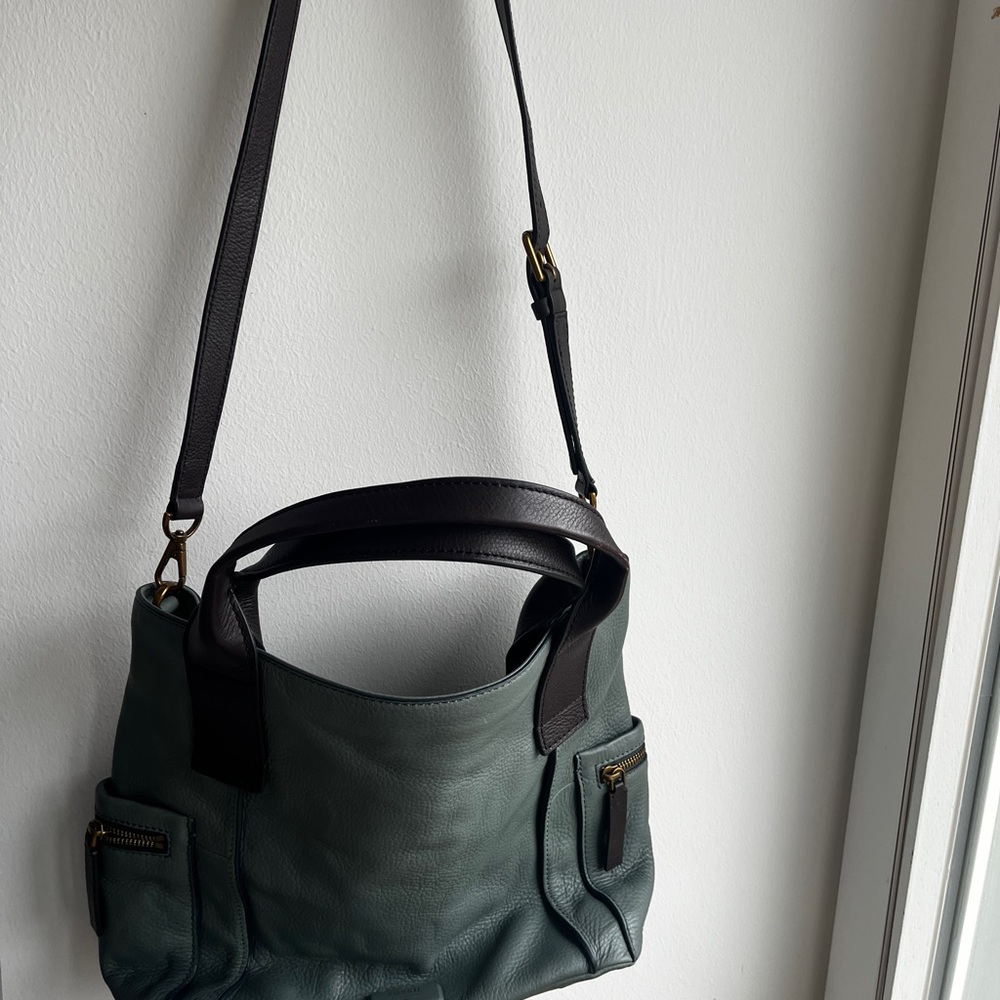 Fossil Emerson Teal Green and Brown  Pebbled Leather Satchel Tote with Brass